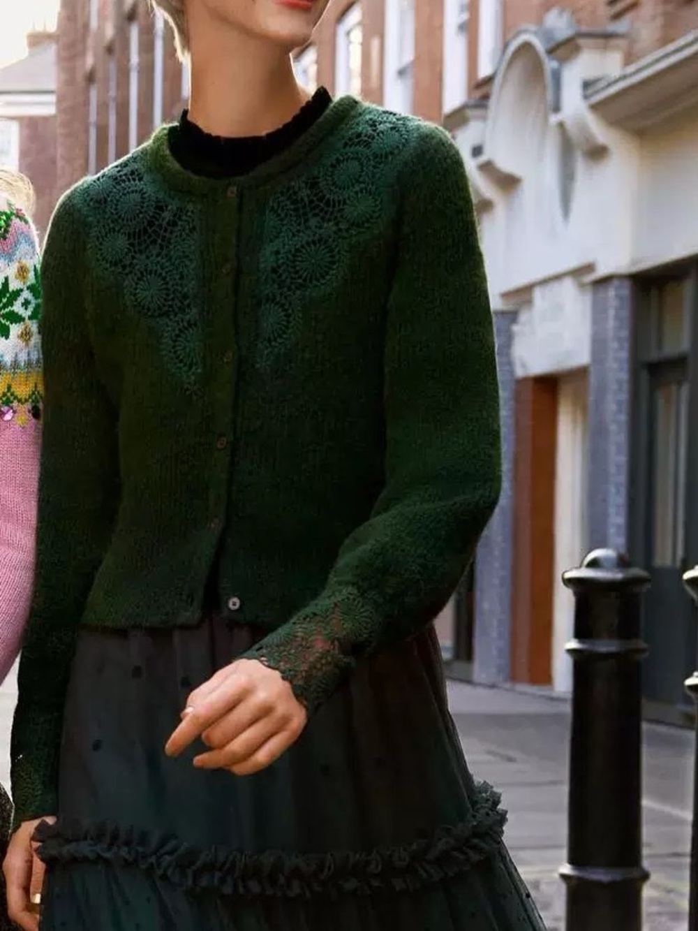 Boden Dark Green Cardigan with Lace Cuffs - Picture 4 of 9